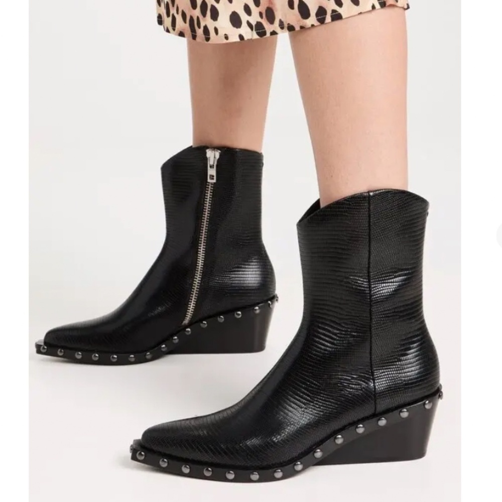 Rag & Bone Santiago Point Toe Studded Lizard-Embossed Mid Wedge Boot 7.5 NWOT